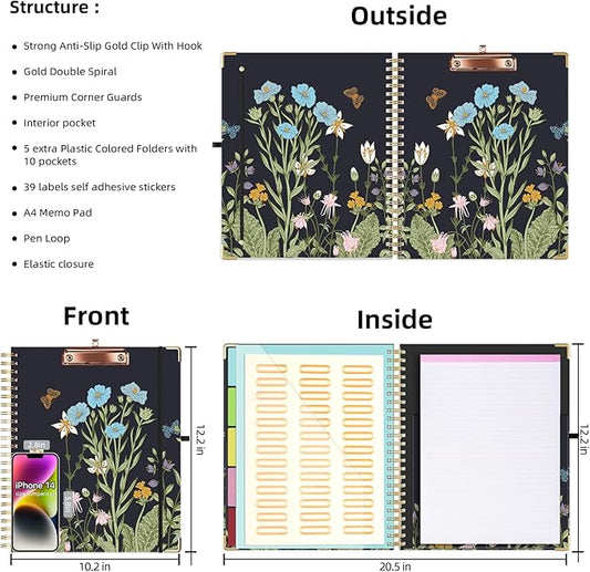 Ospelelf Clipboard with Storage 8.5 X 11,Padfolio Organizer, Spiral Portfolio Letter Size with Notepad, Pen Holder, 5 Extra Folder Divider Pages, Elastic Closure Nurse Essentials (Night Flowers)
