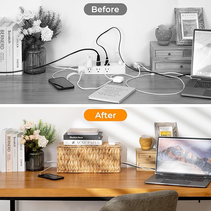 StorageWorks Large Cable Management Box, 2 Slots Wicker Cable Organizer to Hide Cords and Power Strip, Water Hyacinth Cord Hider Box for Home & Office