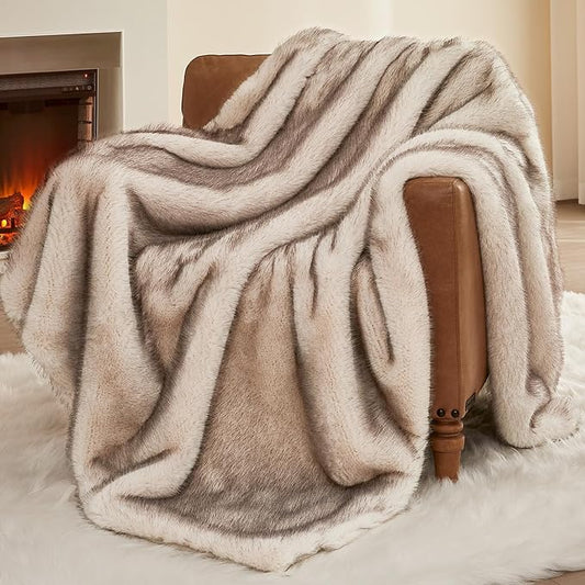 L'AGRATY Faux Fur Throw Blanket: 60''x 80'' Luxury Fluffy Plush Thick Faux Fur Blanket for Bed Couch Sofa - Cozy Soft Fuzzy Blankets for Women Man: Minky Couture Decoration Blanket (Taupe Brown)
