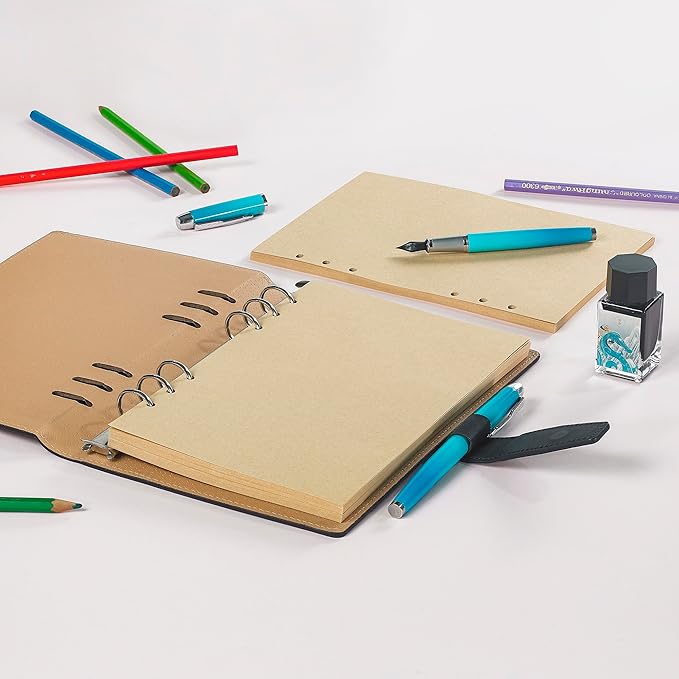 A5 Kraft Loose Leaf Refill Paper, 135 Sheets Brown Planner Refills, 6-Ring Binder Compatible, 100GSM Insert Papers for Journals, Sketching, Eco-Friendly Planners, Vintage Writing & DIY Crafts