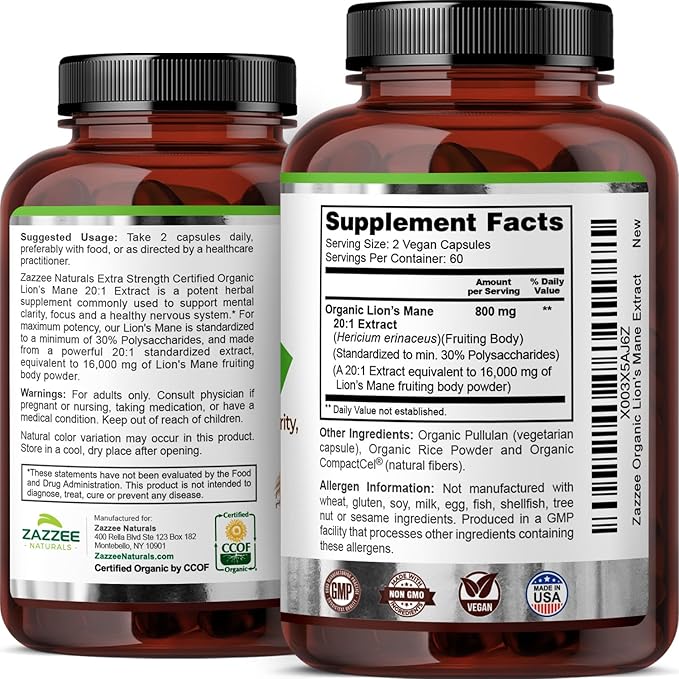 Zazzee USDA Organic Lion's Mane 20:1 Extract, 30% Polysaccharides, 16,000 mg Strength, 120 Vegan Capsules, Nootropic for Brain Health, Focus, Memory, Concentration and Immune Support, Made in The USA
