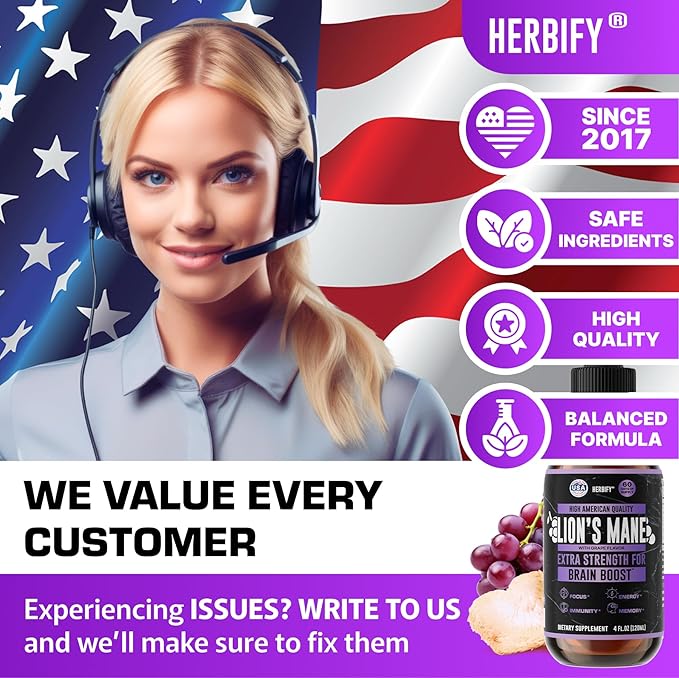 HERBIFY Lions Mane Supplement - Daily Mushroom Supplement for Memory, Focus & Clarity - Brain Booster - Lions Mane Tincture for Immune Support - 4 Fl oz Grape Flavor