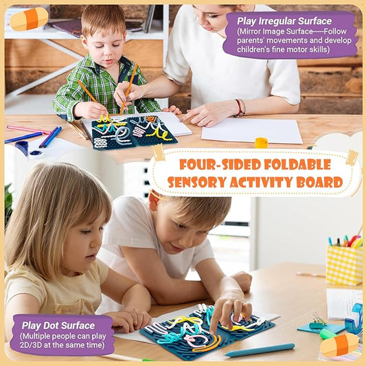 Sensory Activity Board, Four-Sided Silicone Sensory Fidget Toy, Promotes Parent-Child, Suitable for Autism, Calming, ADHD, Great for Children 3+ & Adults, Includes Portable Travel Bag and 25 Strings