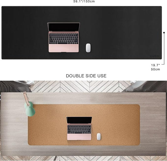 MAIDERN 59”x 19.6” Leather Desk Pad, Large Desk Mat, Reversible Cork & Leather Large Mouse pad for Desk, Waterproof Computer Desk Pad for Gaming Home Office (Black) …