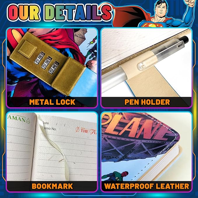 Superhero Diary with Lock for Boys – Comic-Inspired PU Leather Notebook Journal with Lock 228 Pages – Locked Diary Planner Organizer for Boys, Girls, Teens, Fans, School or Gift Use