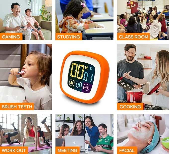 Digital Kitchen Timer, Countdown, Countup, Protective Rubber case, Large Display with Color Bold Digits, Touch Control, Backlit, Magnetic Kickstand, Loud Alarm, Auto Memory (Orange)