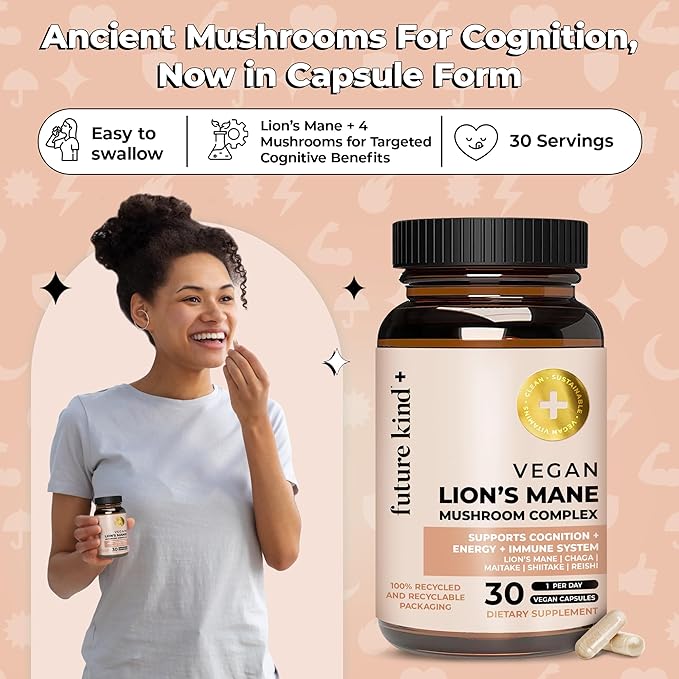 Future Kind Vegan Lion’s Mane Mushroom Complex - Brain Supplement with Chaga, Maitake, Shiitake, & Reishi, Supports Memory and Focus (30ct)