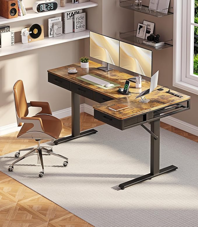 OffiGo 63 Inch L Shaped Electric Standing Desk with Drawers, Height Adjustable Large Desk with Power Outlets, Sit Stand Table, Writing Computer Desk for Home, Office, Workstation, Rustic Brown