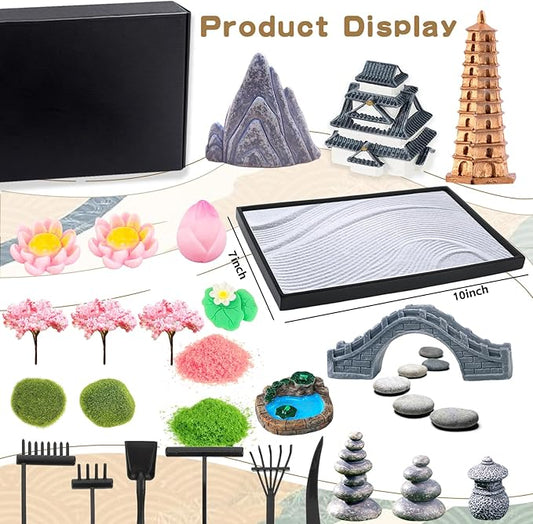 Bbiamsleep Zen Garden Kit for Desk, 9.8 x 7 Inch Mini Zen Sand Garden with 6 Tools, 27 Accessories for Home Office Desktop Japanese Decor