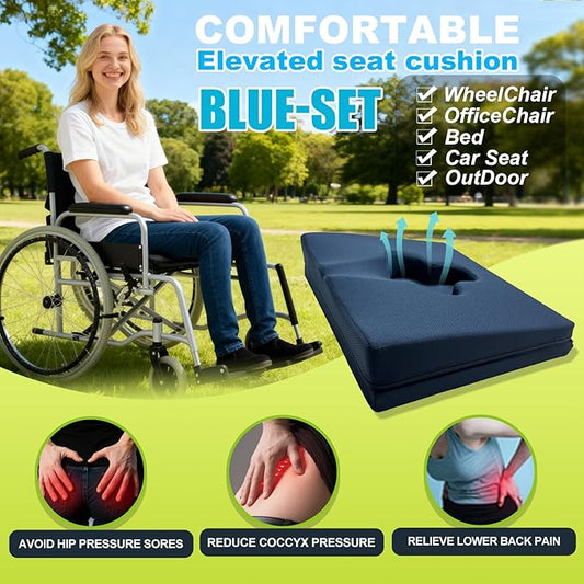 Gel Wheelchair Seat Cushion,Bed Sore Cushions for Butt,Relieve Sciatica,Coccyx,Pressure Sore and Ulcer Pain Relief Pillow,Cushion for Office Chairs,Removable&Washable Cover(Elevated Set Blue)