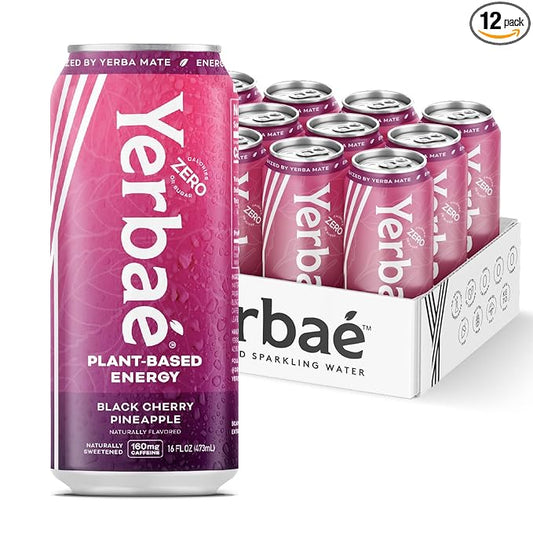 Yerbaé Energy Beverage - Black Cherry Pineapple, 0 Sugar, 0 Calories, 0 Carbs. Yerbae is Energized by Yerba Mate, Plant-Based, Healthy Alternative to Sugary Drinks, 16oz cans (12 Pack)