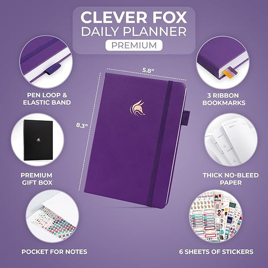 Clever Fox Planner Daily Premium – Undated Daily Planner with Hourly Schedule, Personal Organizer, Productivity Journal, 6 Months (Purple)