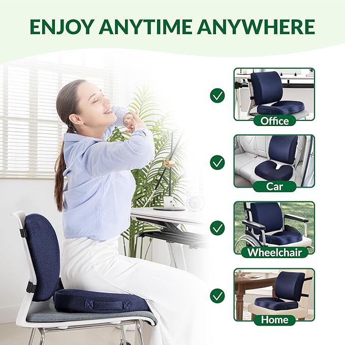 Charcoal Memory Foam Seat Cushion & Adjustable Lumbar Pillow Set - Back Support for Pain Relief (Sciatica,Tailbone),Washable & Non-Slip,Multipurpose for Office,Car,Wheelchair - Navy Blue