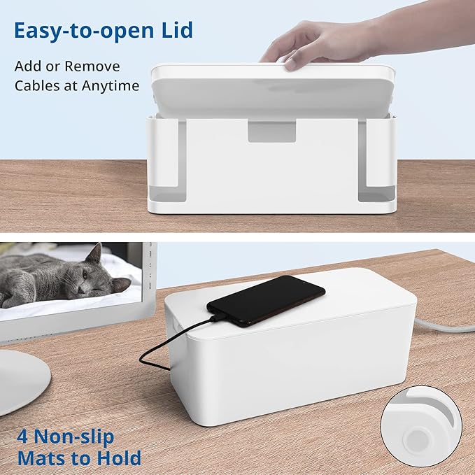 Cable Management Box White, 2Pack Cord Organizer Box - Extra Large and Medium Size, Cord Hider Box to Conceal Power Strips on Desk or Floor, Made from Electrically Safe ABS Material