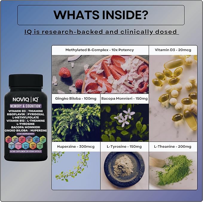 11-in-1 Nootropic Supplement: Supports Memory & Cognition - 100mg Ginkgo 150mg Bacopa 300mcg Huperzine 200mg L-Theanine 150mg L-Tyrosine & Bioactive B-Complex w/ 5-MTHF - 1,100mg+ Serving - 60 Count