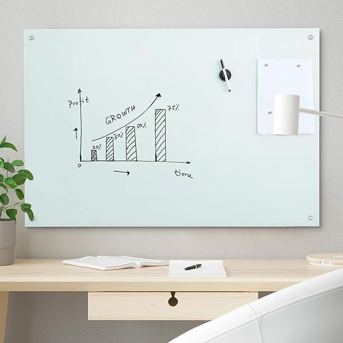 R&G Magnetic Glass Dry Erase Whiteboard,48" x36“ Frameless White Writing Board Set for Office,School and Home