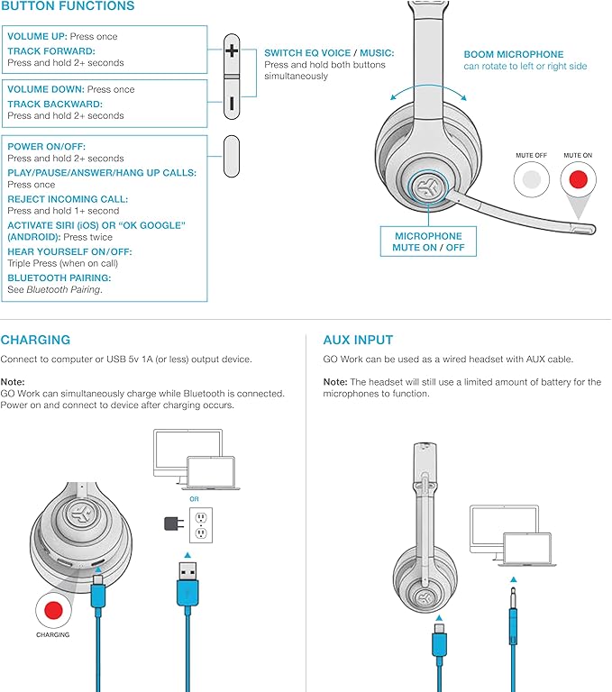JLab Go Work Wireless Headsets with Microphone, 45+ Playtime PC Bluetooth Headset and Multipoint Connect to Laptop Computer and Mobile, Wired or Wireless Headphones (1 Pack)