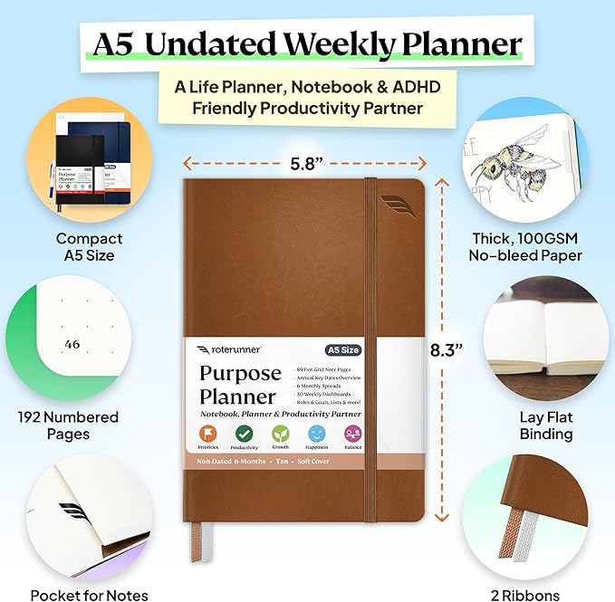 Roterunner Purpose Planner Notebook A5 5.8”x8.3” Undated 2025 Daily Weekly and Monthly Productivity Goal Setting Tool for Work Home ADHD Planner for Adults Self Care Journal (Tan Softcover)