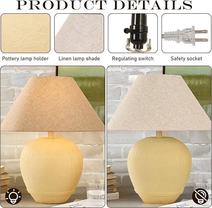 Pia Ricco 21'' Large Cream Base Ceramic Basin Table Lamp for Bedroom, Living Room, Dining Room, Office, Beige Shade