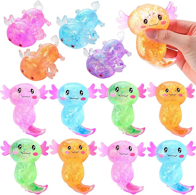 Meooeck 12 Pack Axolotl Stress Relief Toys Glitter Axolotl Starfish Stress Balls Fun Relaxing Squeeze Fidget Toys Relieve Anxiety Squeeze for Birthday Party Goodie Bag Stuffers(Mixed Style)