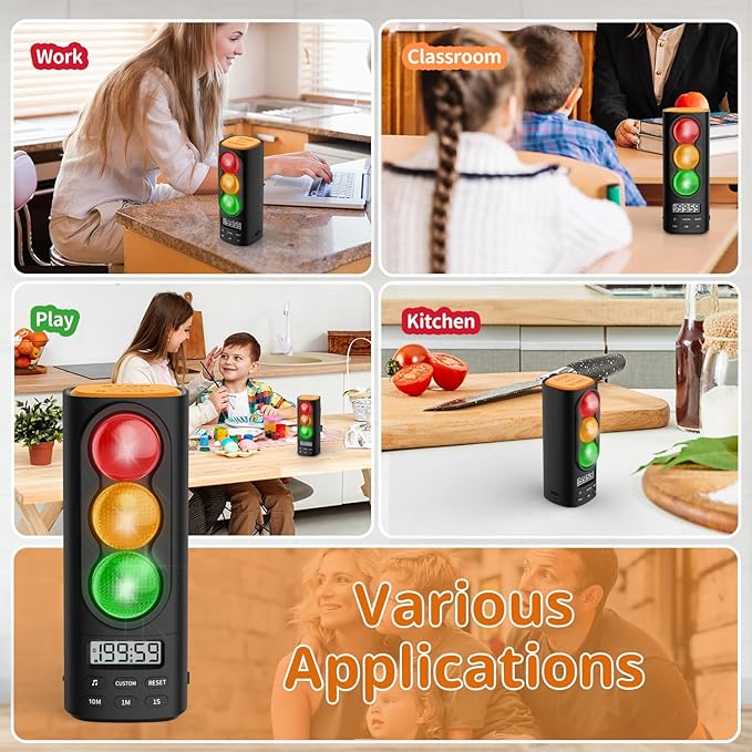 Traffic Light Visual Digital Timer, LCD Display Volume Adjustment, with 4 Ringtones for Kids Classroom Home Kitchen Game Countdown Pause Memory Function Charger Type C Cable Included