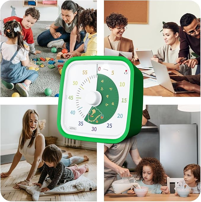 Yunbaoit Visual Timer with Protective Case, Dinosaur Disk 60 Minute Countdown Timer for Kids and Adults, Silent Time Management Tool(Green Dinosaur)