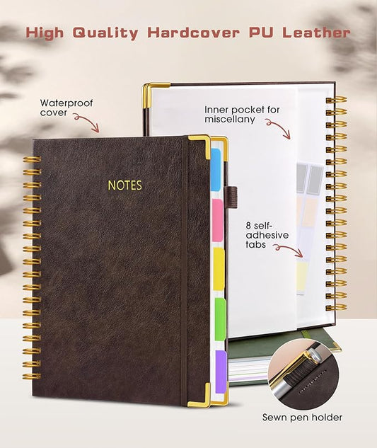 Hardcover Spiral Notebook Journal with Removable Dividers Tabs, 300 Pages Leather 5 Subject Notebook College Ruled, 8"x10" Large B5 Notebooks for Work School Note taking, Lined Journal for Men,Brown