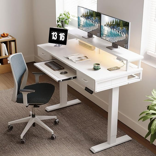 AODK Electric Standing Desk with Drawers & Keyboard Tray, 55 Inch Height Adjustable Gaming Desk with Power Outlets & LED Lights, Sit Stand Table with Monitor Stand for Home, Office, White