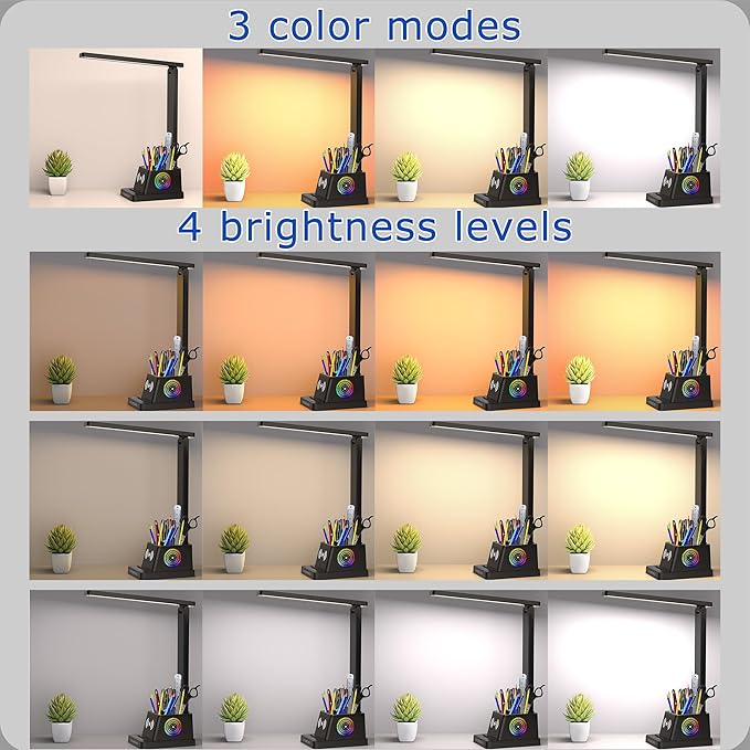 cozoo Desk Lamp,LED Desk Lamps for Home Office,Wireless Charger Small Desk Lamp with Pen Holder,Color Changing Nightlight,12 Lighting Modes,Desk Lamp for College Dorm Room,Desk Light,Nail Desk Lamp