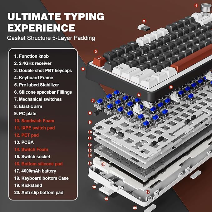 YUNZII B75 PRO Wireless Mechanical Keyboard,75% Layout with Knob,Hot Swap Gasket Custom Structure,Creamy Pre-lubed Switches,RGB Backlit,Bluetooth/Type-C/2.4G for Win/Mac(Blue Grey Switch,Black)