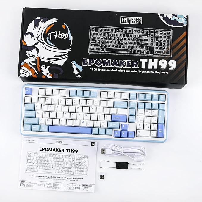 EPOMAKER TH99 Tri-Mode Wireless Mechanical Keyboard with 8000mAh Battery, Hot Swappable Custom RGB Gaming Keyboard with Numpad, Gasket Creamy for PC/Mac/Office (Blue&White)