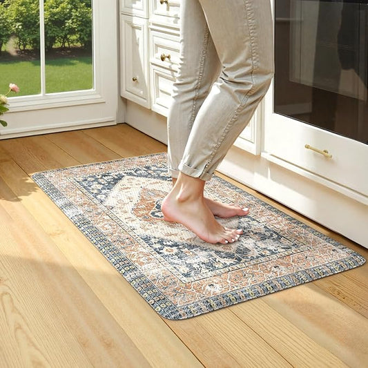 KIMODE Anti Fatigue Kitchen Mats for Floor,17.3" x 29" Cushioned Boho Vintage Kitchen Rugs,Non-Slip Waterproof Kitchen Sink Standing Mat Wipe Clean for Kitchen,Laundry Floor,Mutil-Blue