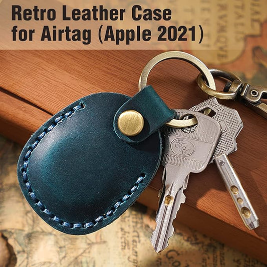 Genuine Leather Airtag Holder, Portable Air Tag Keychain with Key Rings Full Coverage Air Tags Hidden Case Cover Compatible for AirTags Blue