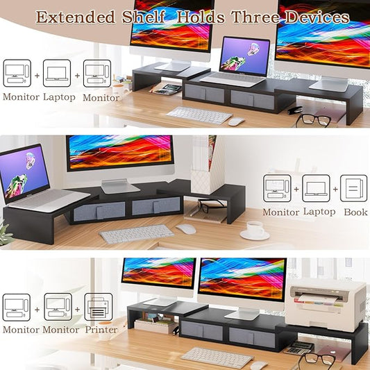 TEAMIX Wood Dual Monitor Stand Riser with Drawers-Length and Angle Adjustable Triple Monitor Stand with Storage Large Computer Riser for 2/3 Monitors/Laptops/PC/Printers