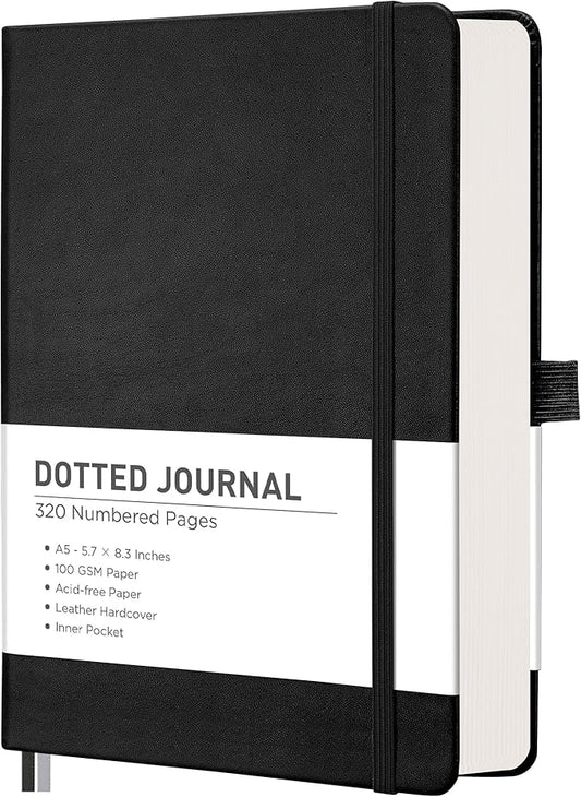RETTACY Bullet Dotted Journal Notebook, 320 Numbered Pages, A5 Medium Size (5.7'' × 8.3''), Leather Hardcover, 100 GSM Thick Paper, for Bullet Journaling, Planning, Tracking (Black)