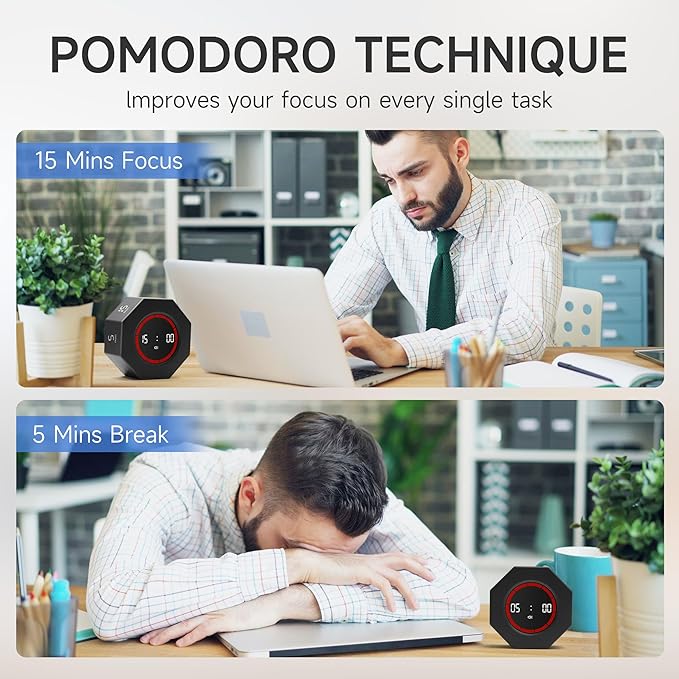 Visual Countdown Timer 1,3,5,15,30,60,90 Minutes Preset, Desk Productivity Cube w/Gravity Sensor for ADHD, Mute Functions, Ideal for Work, Study, Kitchen, Back to School (1, Black)