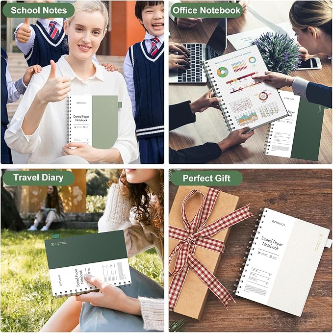 EMSHOI A5 Spiral Dotted Notebook, 300 Pages of 100gsm Thick Dot Grid Paper, Waterproof Softcover Journal for Women Men School, Work & Writing, Bullet Journaling | 5.7" x 8.22" Light Green