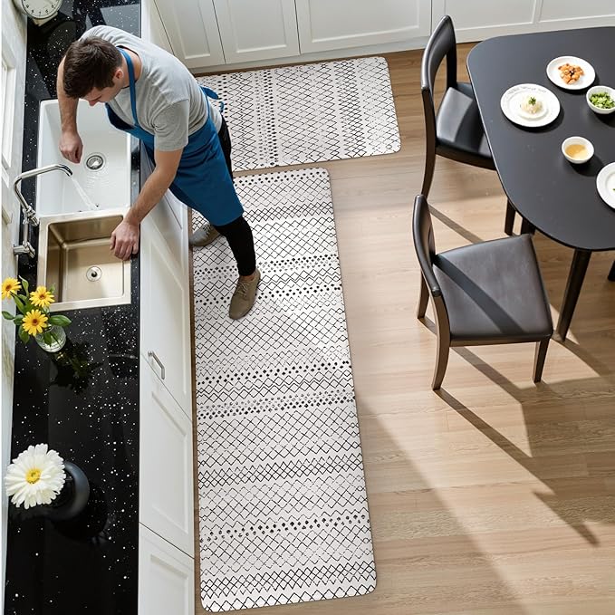 KIMODE Kitchen Mats for Floor Cushioned Anti Fatigue, Boho Kitchen Rugs Sets of 2, Non Slip Kitchen Floor Mats,Comfort Standing Mats for Sink Laundry Desk Black and White 20"x71"+20"x32"