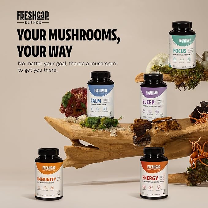FreshCap Calm for Adults - Calm w/Reishi, Ashwagandha, St. John’s Wort, Lemon Balm, Magnesium - Balance, Relaxation & Emotional Stability -Ayurveda Daily Mushroom Supplement, Vegan - 60 Count