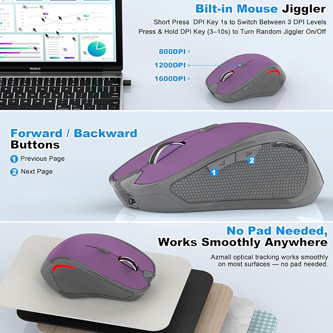 Bluetooth Wireless Computer Mouse, 2.4G Rechargeable Small Ergonomic Optical Mouse Jiggler for Office/Home with Forward/Back Buttons & USB-C/USB-A for Laptop, Desktop, PC, Mac, MacBook - Purple