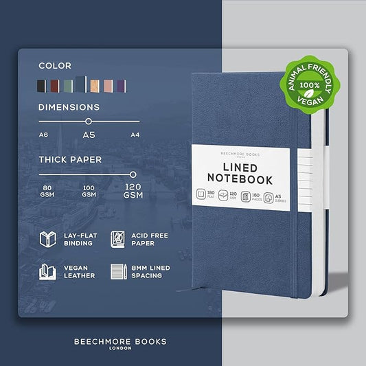 BEECHMORE BOOKS Lined Journal Notebook, 5.8 x 8.3 inch, A5 160 Lined Pages, Hardcover Leather Journals for Women, Men, Writing and Notebooks for Work - 120 GSM Thick Paper, Gifts Box Included