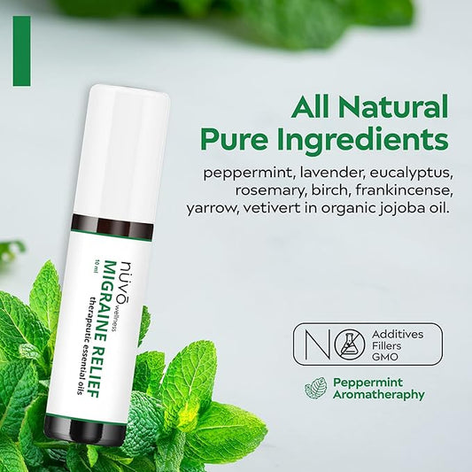 Migraine Relief Roll-On, Made with Peppermint, Lavender, Eucalyptus, & Other Aromatherapy Essential Oils, for Headaches, and Sore Muscles