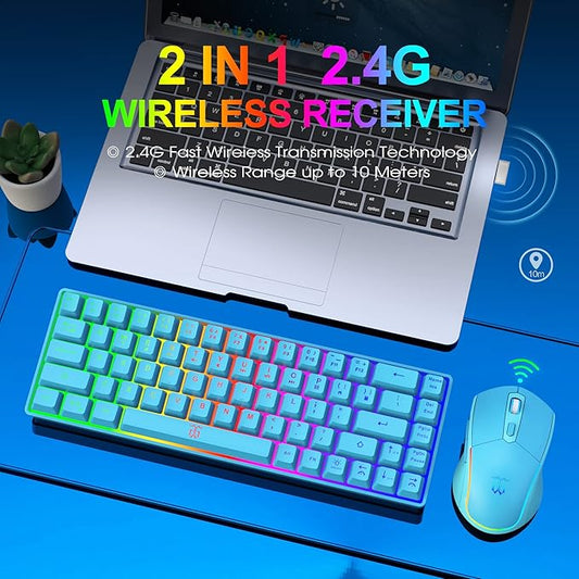 Snpurdiri 60% Wireless Gaming Keyboard and Mouse Combo,LED Backlit Rechargeable 2000mAh Battery,Small Membrane But Mechanical Feel Keyboard + Popular RGB Mice for Gaming,Business Office(Blue)