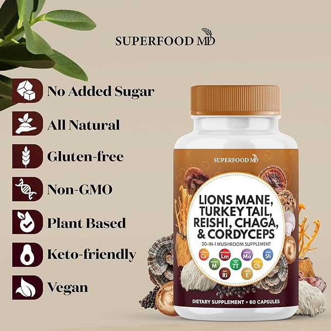 Lions Mane Mushroom Supplement with Turkey Tail Reishi Cordyceps Chaga with Marshmallow Root - 120 Count