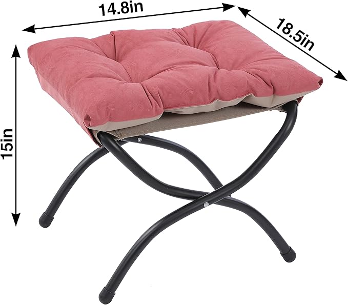 15" Foldable Foot Stool Ottoman with Metal Frame - Washable Red Upholstered Indoor/Outdoor Footrest for Living Room, Bedroom, Patio - Space-Saving Compact Design