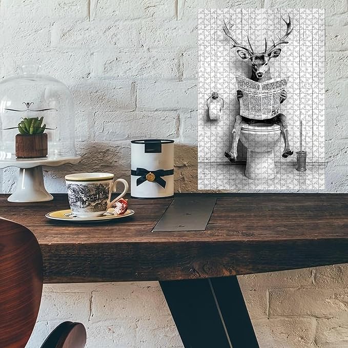 1000 Piece Adults Kids Deer Jigsaw Wooden Black and White Bathroom Jigsaw Adult Stress Relief Therapy Challenging 29.5x19.7 Inch