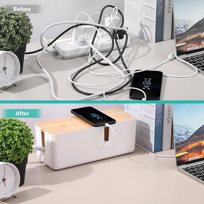 Cable Management Box with Bamboo Lid, White Cable Box Small Cord Hider Box Cord Organizer Box to Conceal Surge Protector, Desk/TV/Computer Wires, Power Strip Box Cord Management Box for Tidy Space
