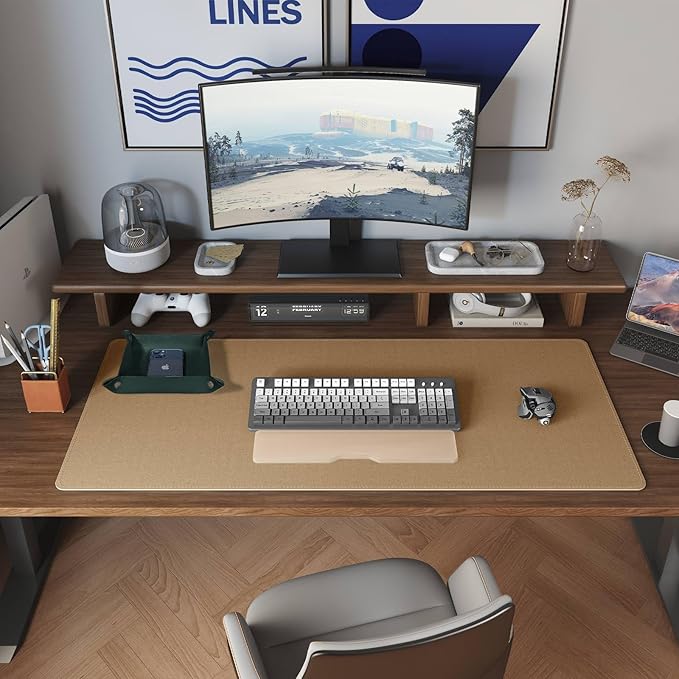 DAWNTREES Dual Sided Desk Mat,Leather Desk Pad,Cork Desk Mat Protector,with PU Leather Valet Tray Organizer,Large Mouse Pad,Desk Writing Pad for Office and Home(Dark Green 31.5"x15.8")