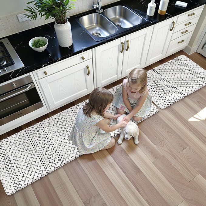 KIMODE Kitchen Mats for Floor Cushioned Anti Fatigue, Boho Kitchen Rugs Sets of 2, Non Slip Kitchen Floor Mats,Comfort Standing Mats for Sink Laundry Desk Black and White 20"x71"+20"x32"