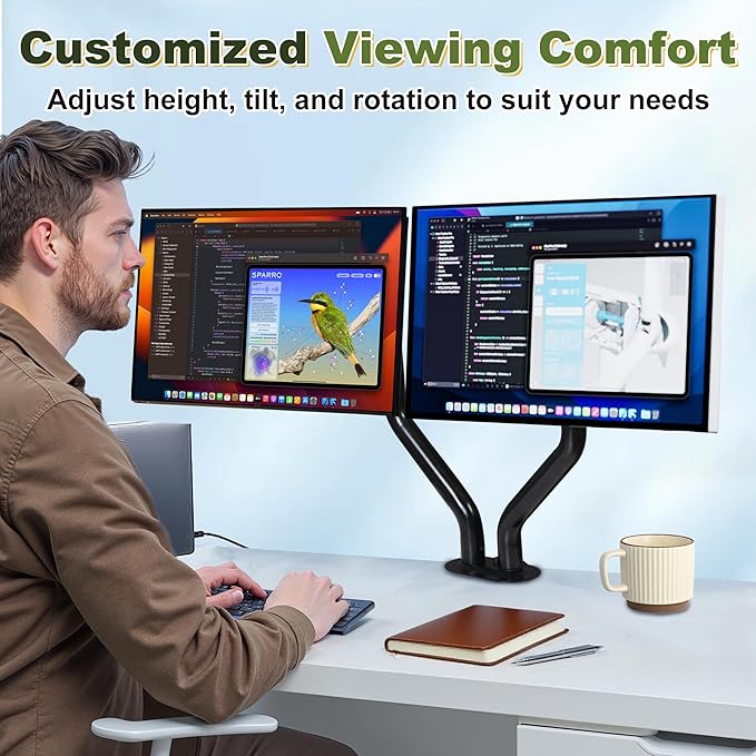 NicBex Dual Monitor Arms, 17-32 inch Monitor Stand for 2 Computer Screens, VESA Mount with 75/100 mm, Each Arm Supports Up to 20.94 lbs, Double Monitors Gas Spring Arm Desk Mount - Black